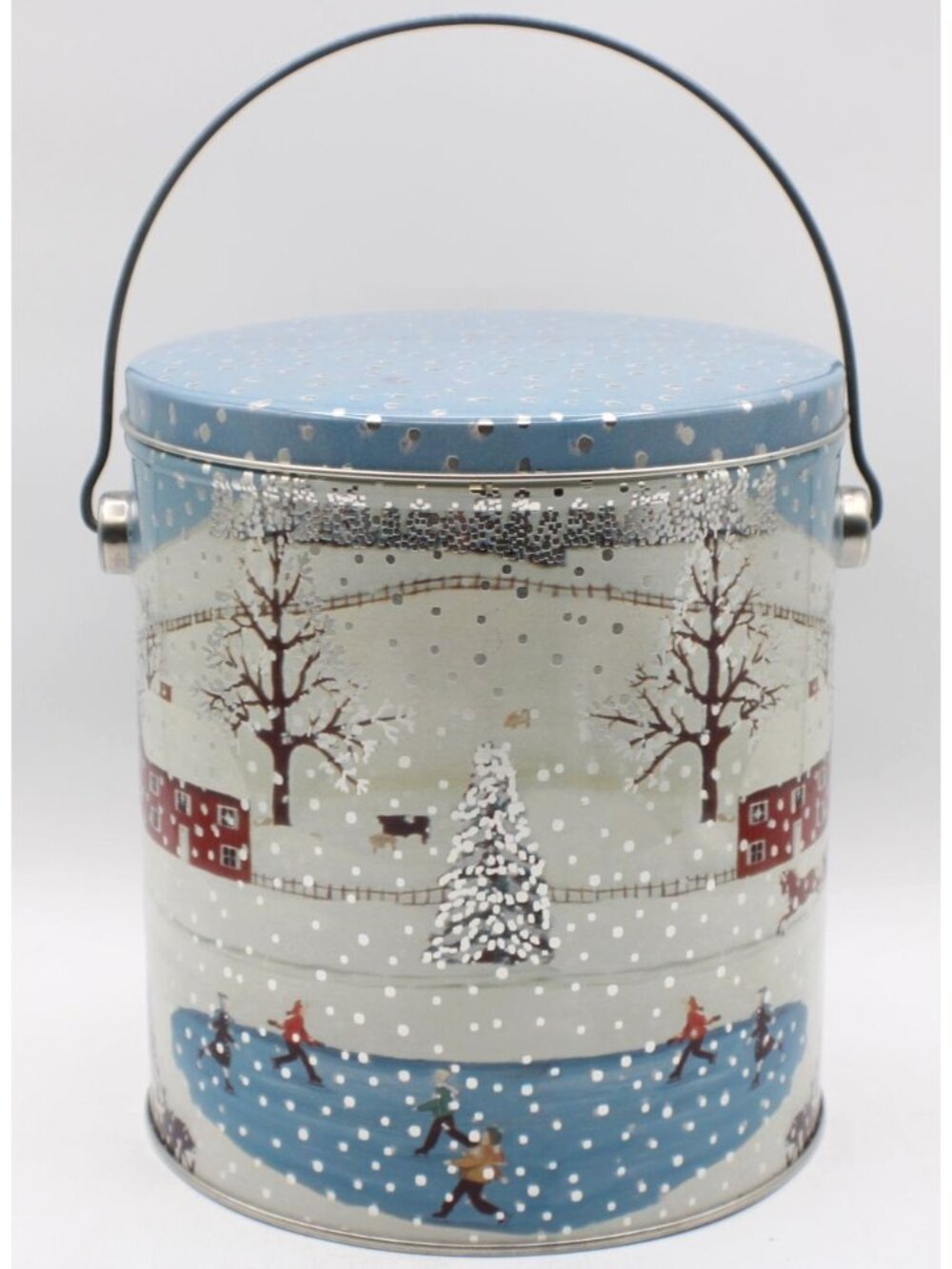 Winter Scene Snowy Cabin Metal Tin Handle Lid Holiday Decor Gifts Cookies 7.5x6"